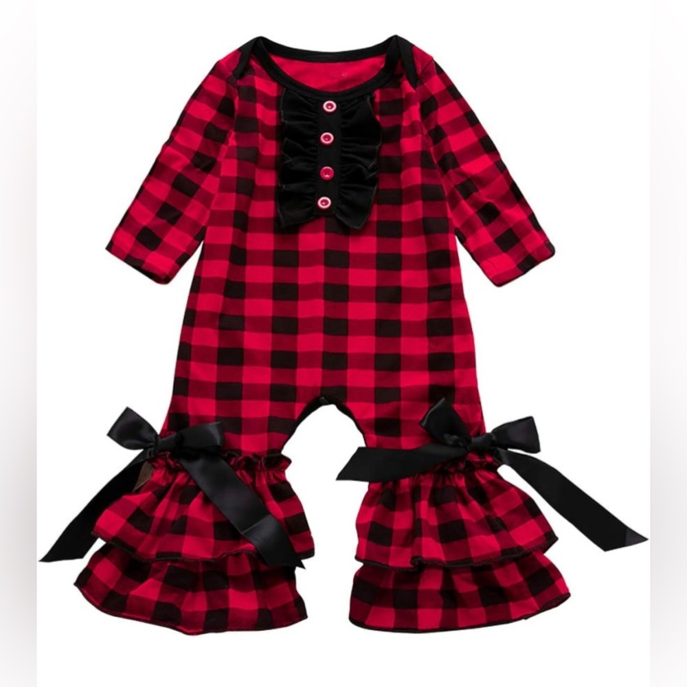 NWT Plaid Icing Ruffle Long-Sleeve Jumpsuit, Size 3-6m